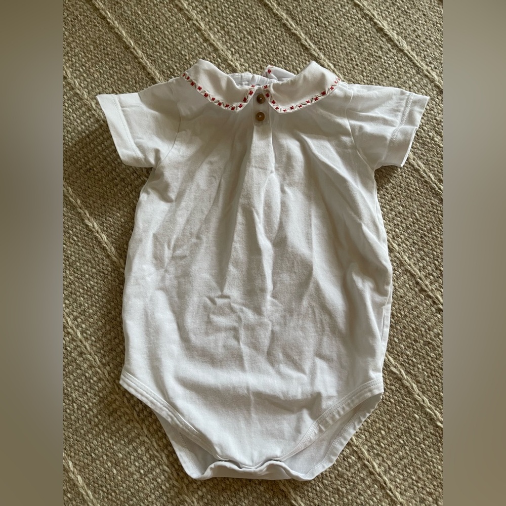 Like New Pepa London White Baby Onesie with Embroidered Red & Beige Collar Sz 2
